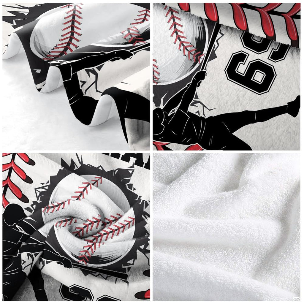 Detailed perspective of baseball themed bedding set highlighting sharp red and black artwork contrasts.