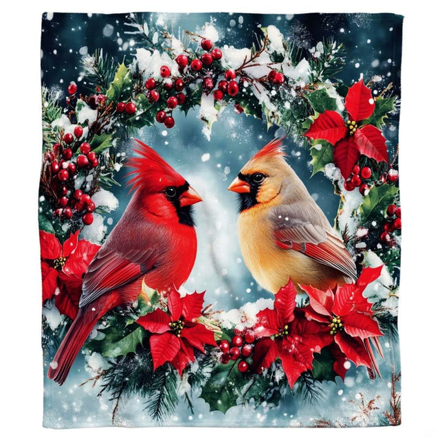 Christmas bedding winter scene showcasing winter cardinals, holly berries, and blooming poinsettias.