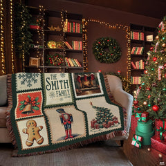 Close-up perspective of Santa and snowman stamp vignettes on throw blanket
