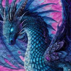Close-up of cyan dragon scales, dark wings and violet jewel-like accents