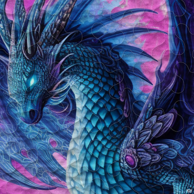 Close-up of cyan dragon scales, dark wings and violet jewel-like accents
