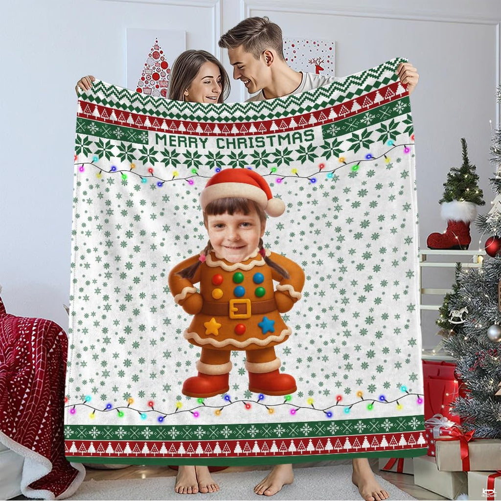 Falling snowflakes and pine tree pattern framing a whimsical gingerbread cookie design