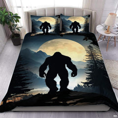 Glacial ice blue bigfoot silhouette bedding set showing a cryptid sasquatch walking across winter frost horizon bands.