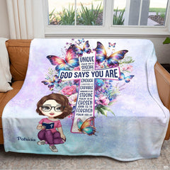 Christian cross butterflies floral blanket full flat lay view