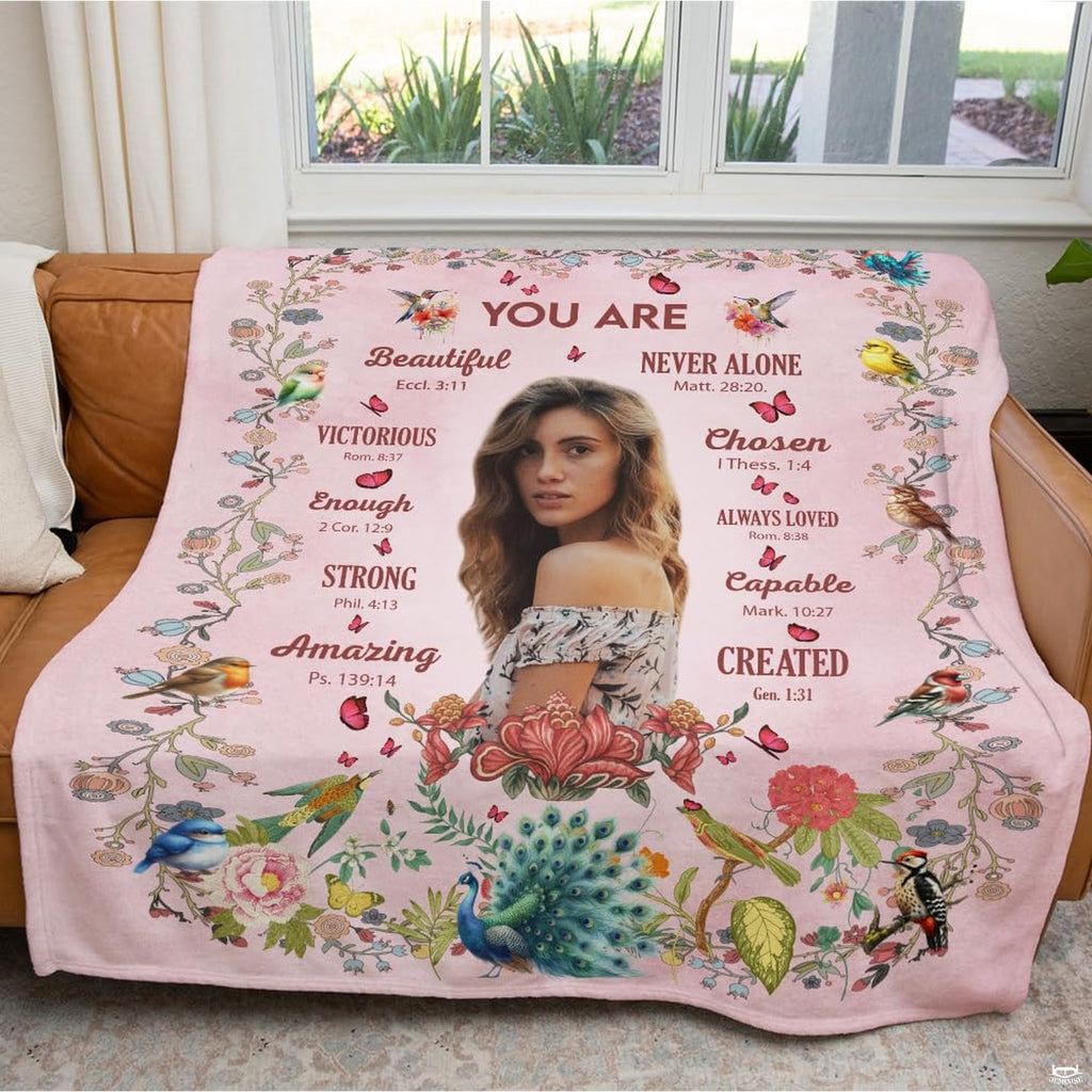 Botanical songbird and peacock scripture faith blanket showing garden birds and peacock view 3