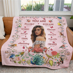 Botanical songbird and peacock scripture faith blanket showing garden birds and peacock view 3