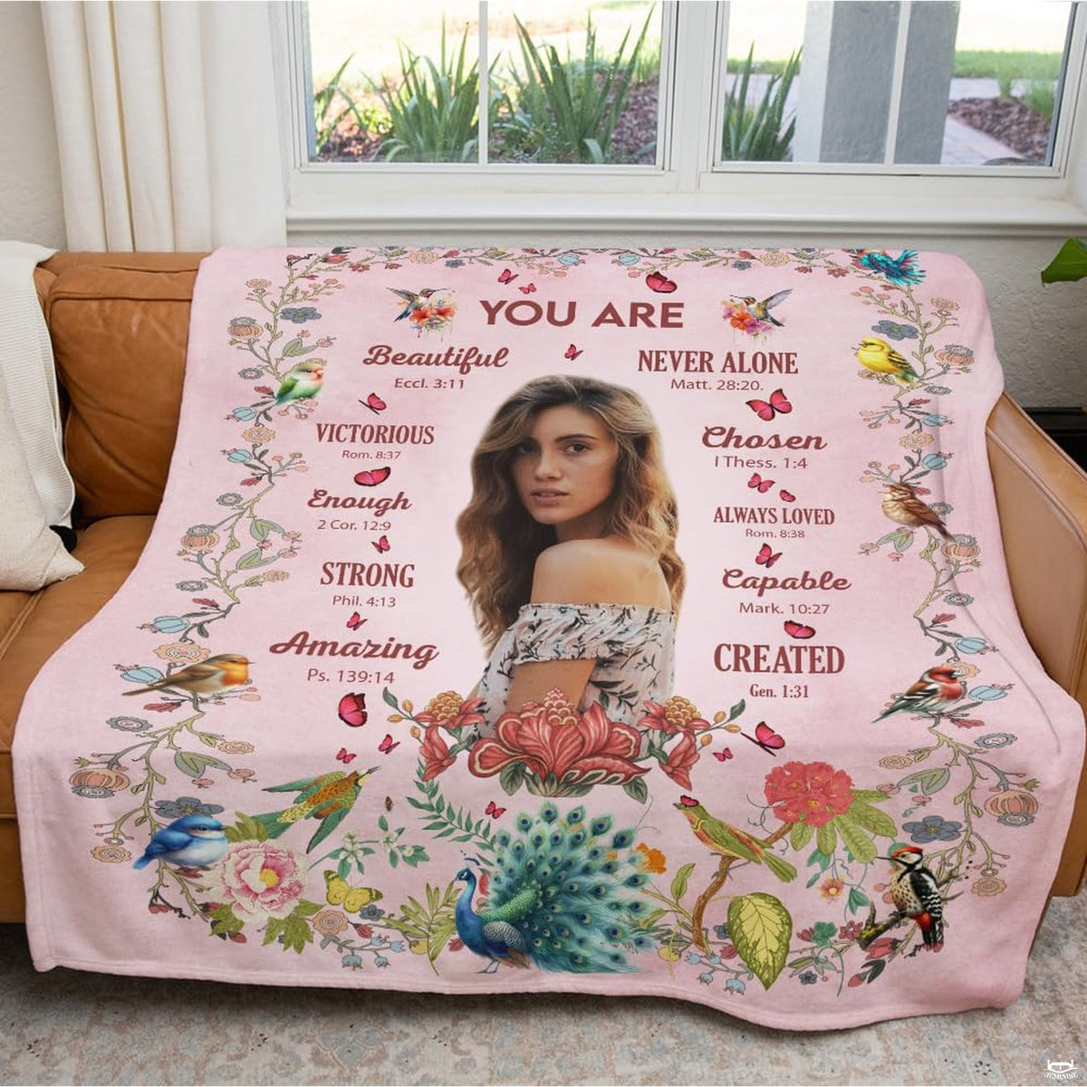 Botanical songbird and peacock scripture faith blanket showing garden birds and peacock view 3