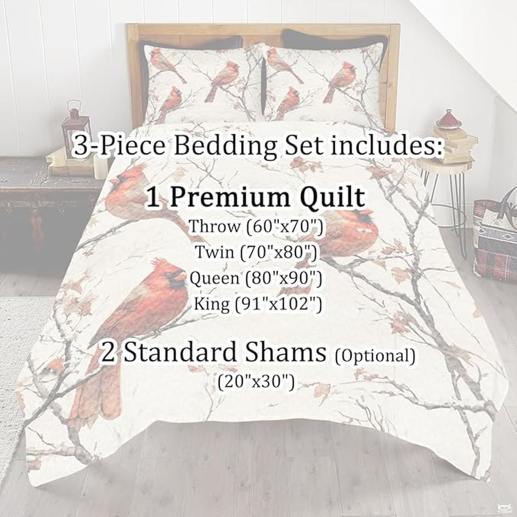 Full room setting featuring rustic birch cardinal bedding as the centerpiece of a winter cabin bedroom