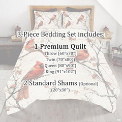 Full room setting featuring rustic birch cardinal bedding as the centerpiece of a winter cabin bedroom