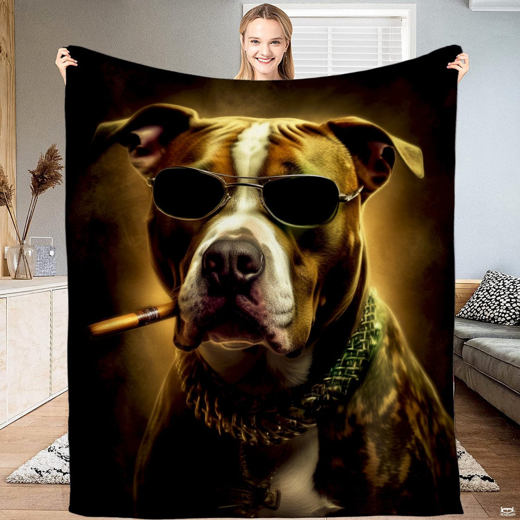 Pitbull dog bedding artwork presenting an anthropomorphic canine in dark aviator sunglasses with a metallic necklace.