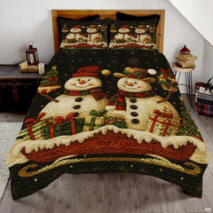 Santa snowman nutcracker holiday winter bedding set displayed neatly on a bed in a Christmas bedroom