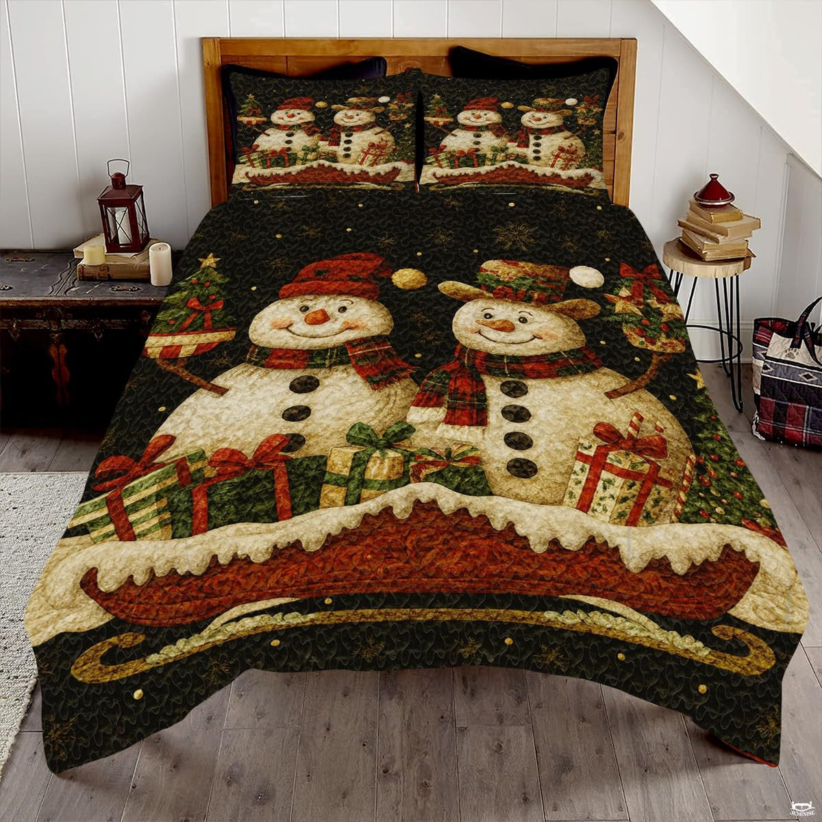 Santa snowman nutcracker holiday winter bedding set displayed neatly on a bed in a Christmas bedroom
