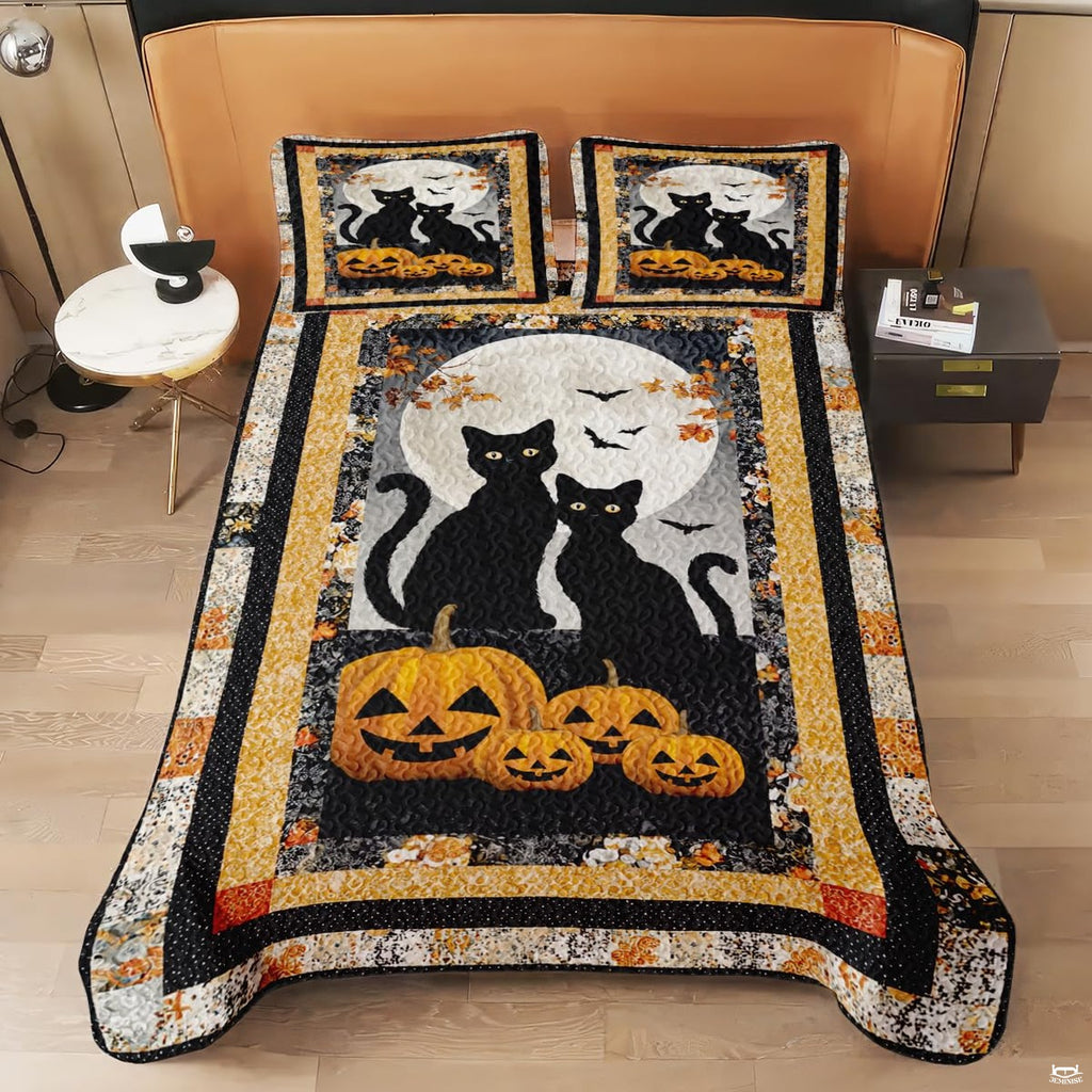 Side angle of Halloween cat bedding set displaying complete patchwork artwork coverage in natural room lighting.