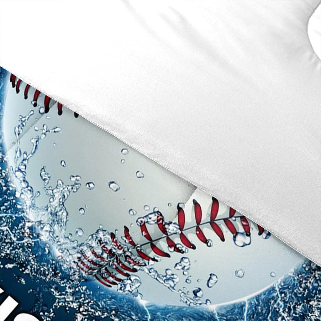 Folded presentation of baseball helmet bedding displaying sharp graphic clarity in steel blue and slate tones