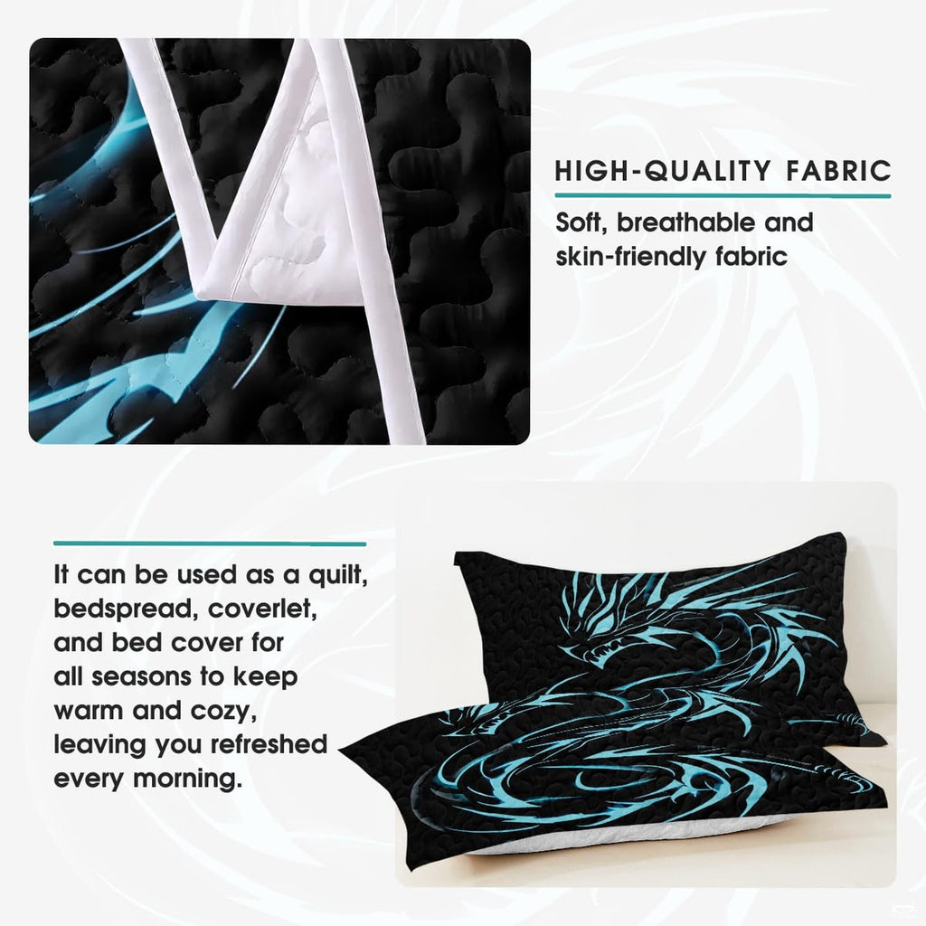 Detail view of cyan dragon graphic on dark bedding with pale reverse side