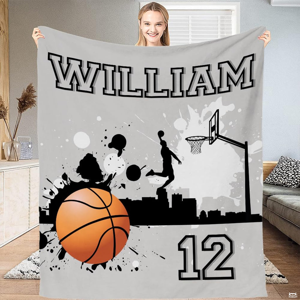 Orange bedding sets uk showing detailed basketball hoop artwork and city skyline silhouette