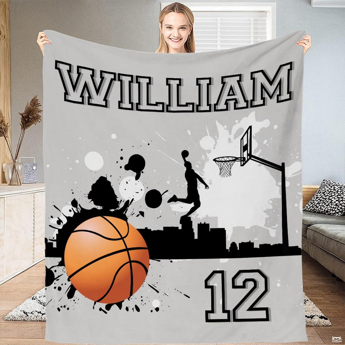 Orange bedding sets uk showing detailed basketball hoop artwork and city skyline silhouette