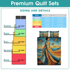 Chart showing a woman with butterflies and layered blue gold bands