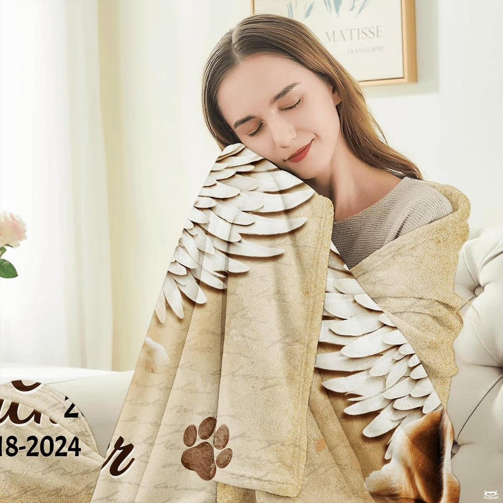 Size chart illustration demonstrating dimensions for dog memorial throw blankets
