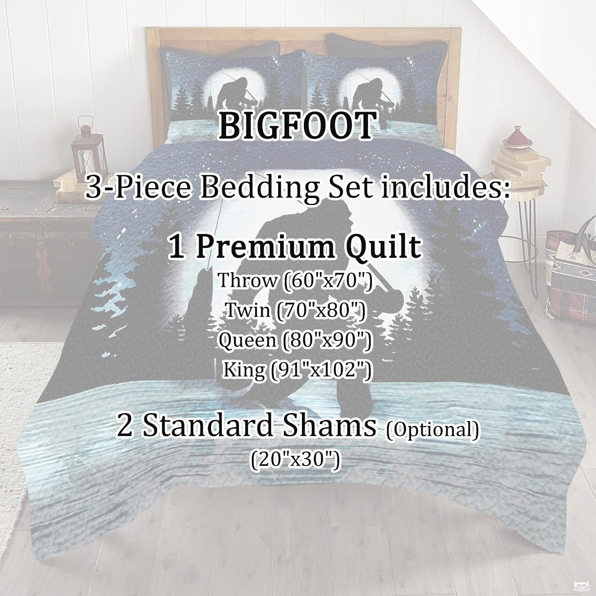 Full bedroom display of Bigfoot fishing night scene bedding styled with rustic cabin and lakehouse room decor