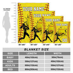 Folded view of softball throw blanket showcasing bright optic yellow and red seam graphics.