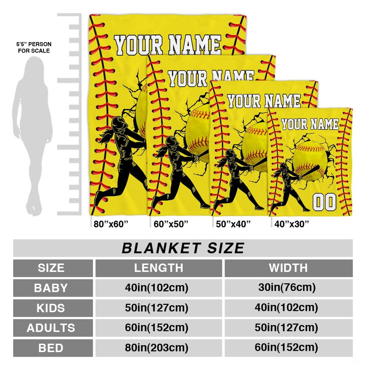 Folded view of softball throw blanket showcasing bright optic yellow and red seam graphics.