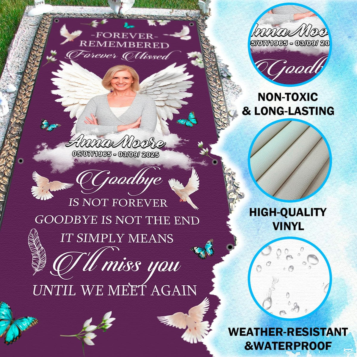 Infographic displaying heavy-duty vinyl durability, weather resistance, and tear strength