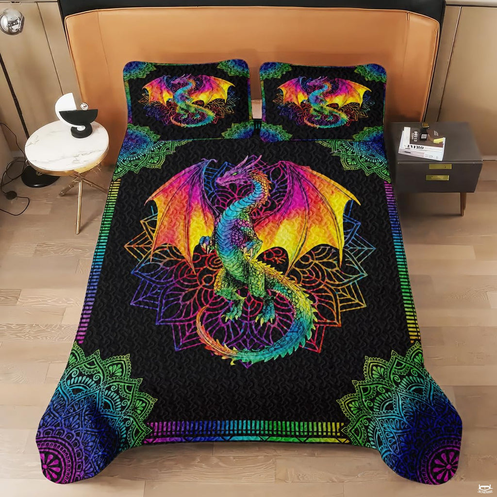 Matching pillowcase detail for fantasy bedding set featuring coordinating colorful dragon artwork