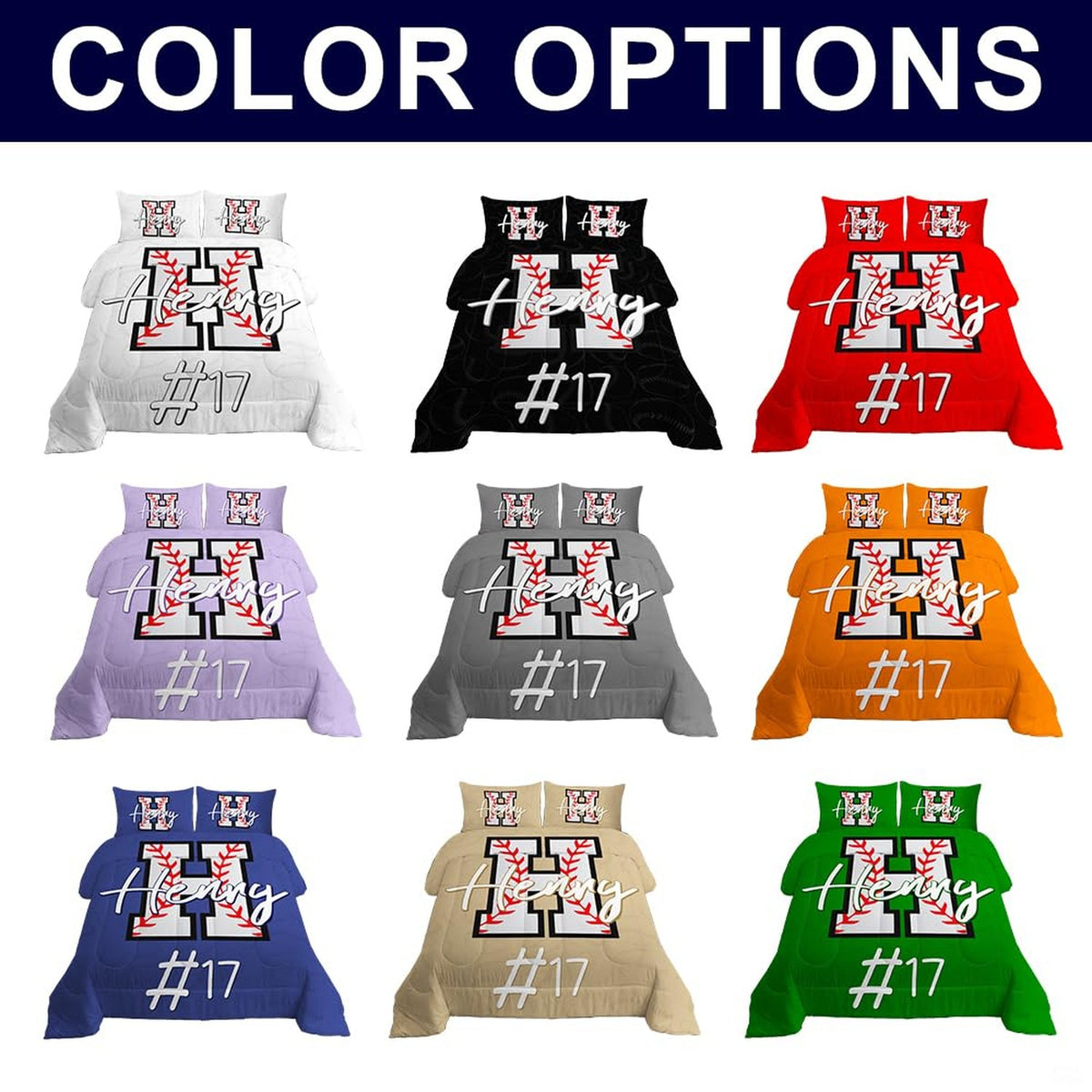 Top view of varsity sports layout on royal bedding set in blue.