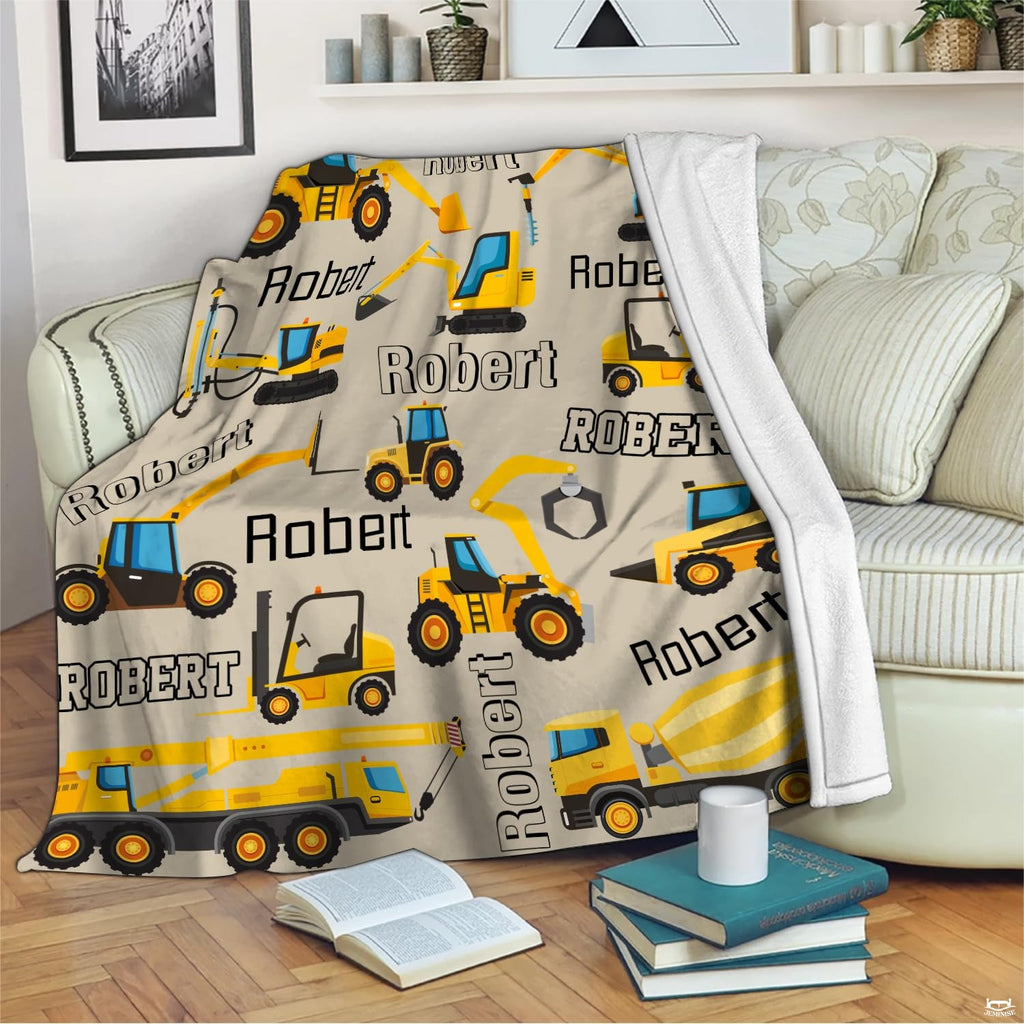 Digger bed cover artwork displaying cyan excavators and bold construction machinery graphics.
