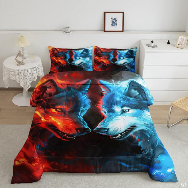 Red and blue wolf bedding mockup with two wolves meeting nose to nose