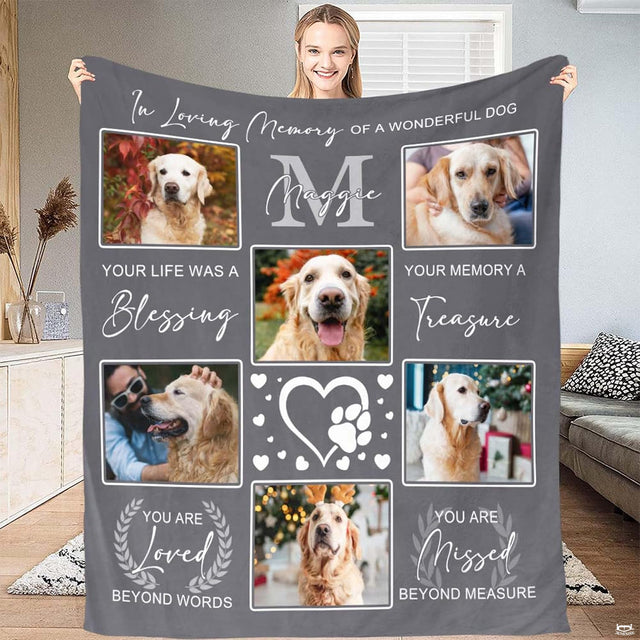 Golden retriever memorial collage bedding displayed in a serene bedroom setting with warm terracotta decor accents.
