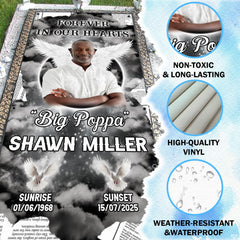 Tribute portrait bedding artwork showcasing heavenly wings and soft sky aesthetic.