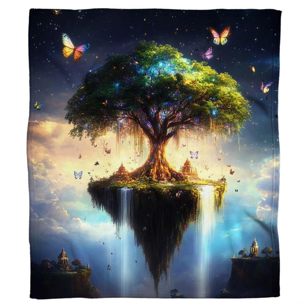 Full display of magical floating island and celestial Tree of Life artwork on decorative throw