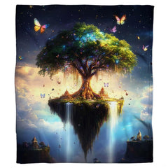Full display of magical floating island and celestial Tree of Life artwork on decorative throw