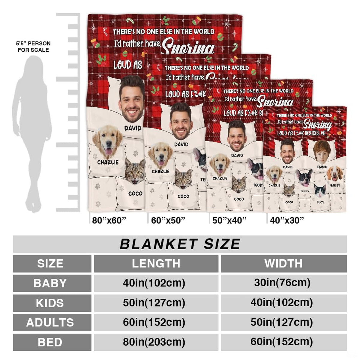 Christmas pet family throw blanket view 8 highlighting couple and pet portraits, bedtime pillows, and red plaid