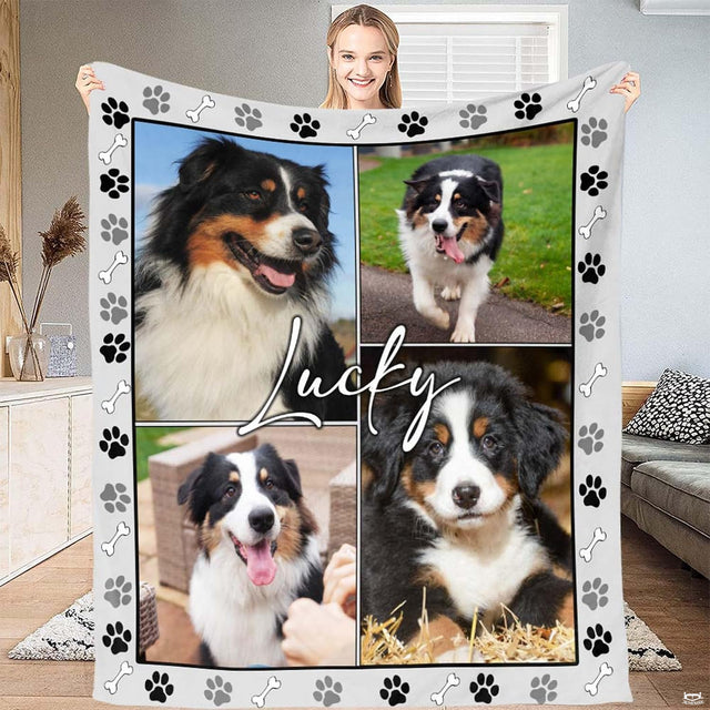 Model displaying shepherd dog photo collage throw blanket with paw print border pattern
