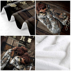 Macro detail view of the kneeling warrior and woodgrain cross texture.