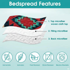Turquoise teal and navy black tribal motif centered on decorative bedding.