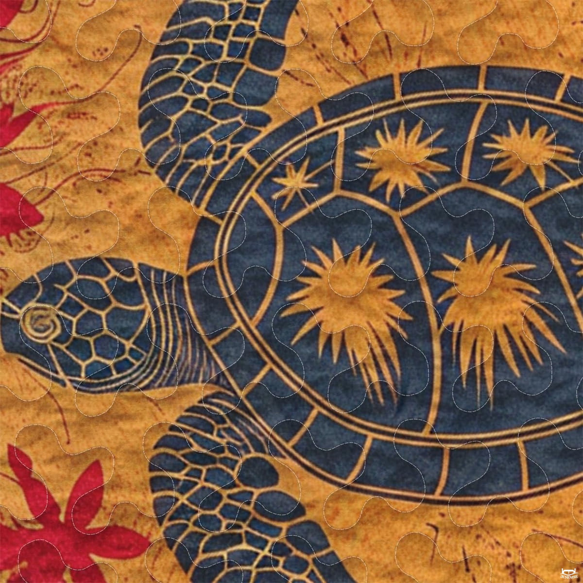 Close-up view of turtle bedding showcasing intricate Polynesian tribal motifs and sunset amber tones