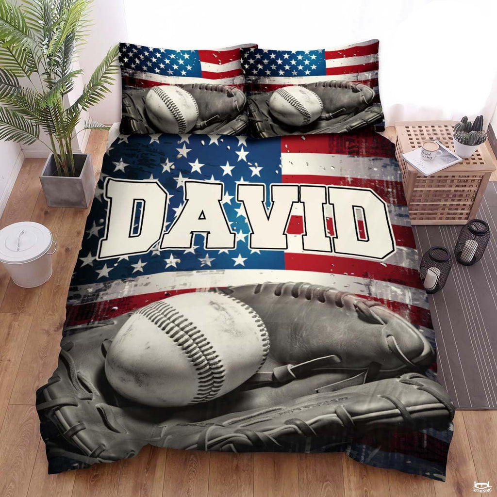 Personalized Baseball Bedding Full Size Flag Custom Name Duvet Cover Set Sport Decor Sports Comforter Bed Set (Baseball on US Flag 1)