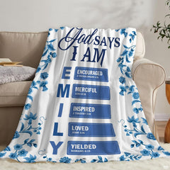 Side angle perspective highlighting sharp typography print definition and rich royal blue tones of the blanket