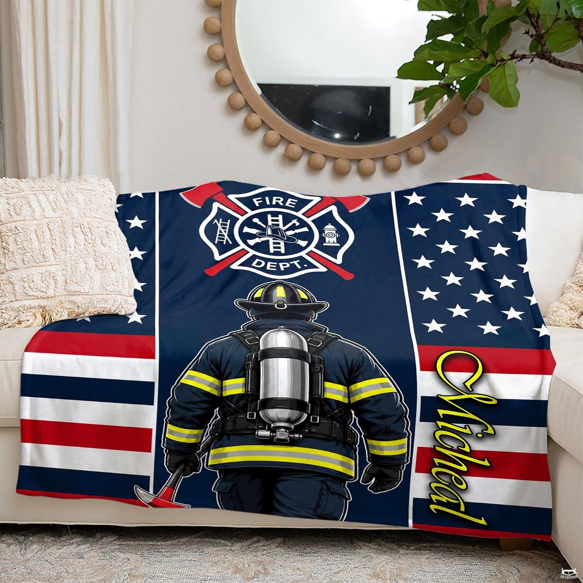 Full layout of patriotic flag stars and firefighter tribute graphic arrangement on Blanket.