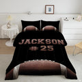 Varsity football bedding featuring an arched textured football graphic with white lacing on black backdrop