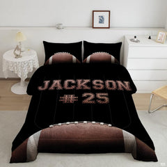 Varsity football bedding featuring an arched textured football graphic with white lacing on black backdrop