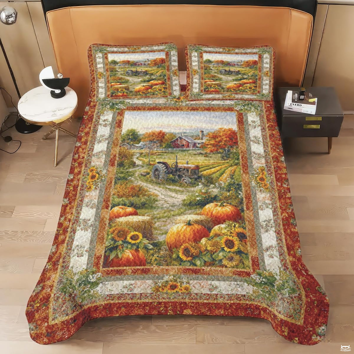 Farmhouse autumn leaf bedding set styled in an inviting seasonal guest bedroom atmosphere