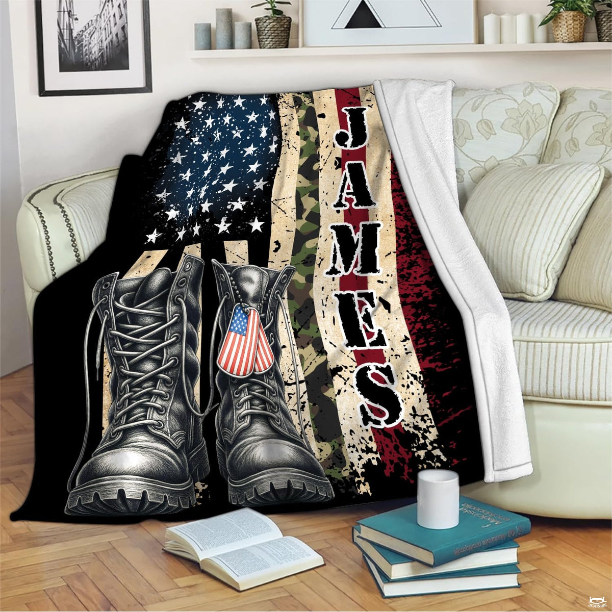 Living room sofa display showing the patriotic military veteran throw blanket draped over furniture.