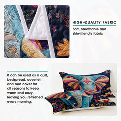 Modern master bedroom styling of elephant patchwork bedding set displayed neatly on a bed frame with bohemian room decor.