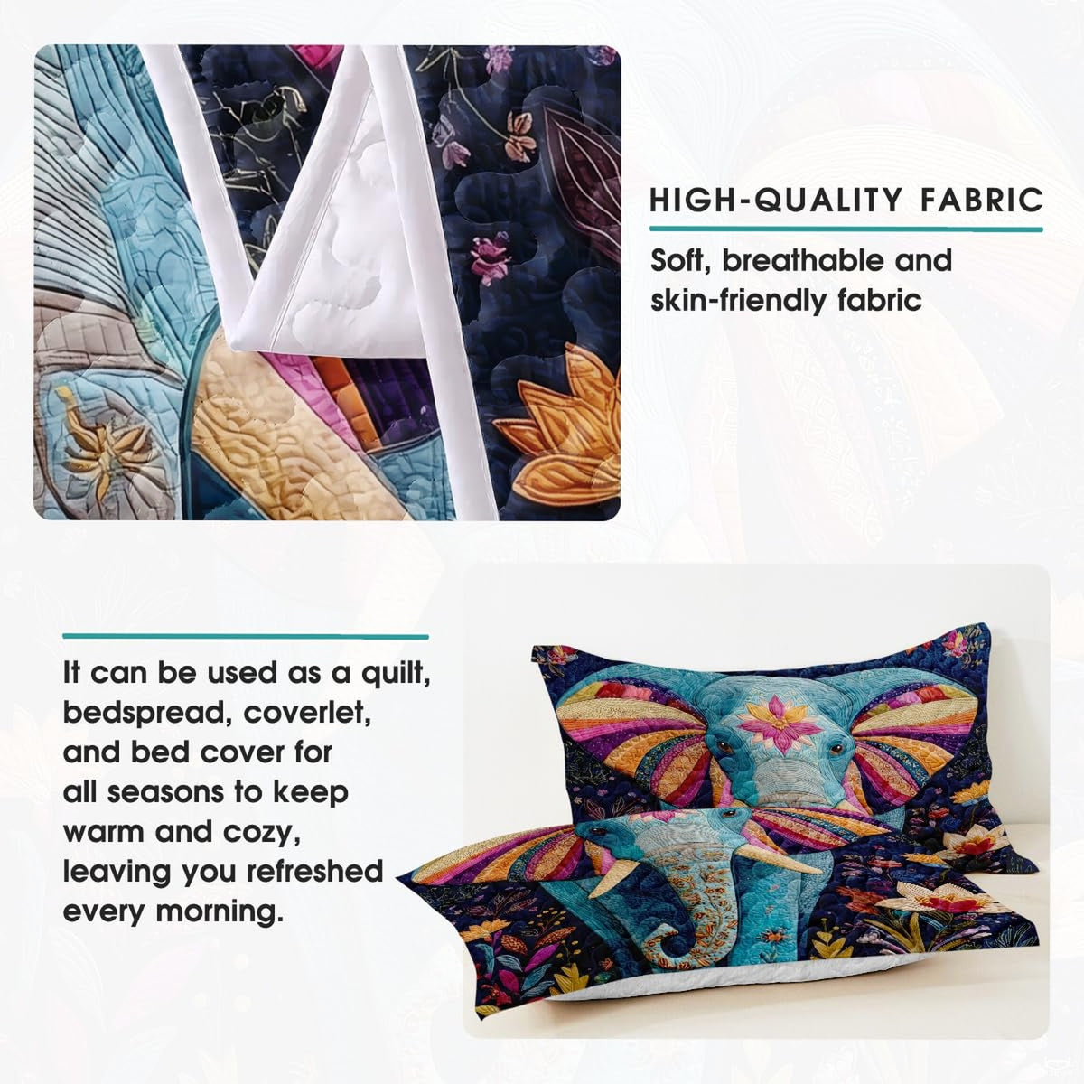 Modern master bedroom styling of elephant patchwork bedding set displayed neatly on a bed frame with bohemian room decor.