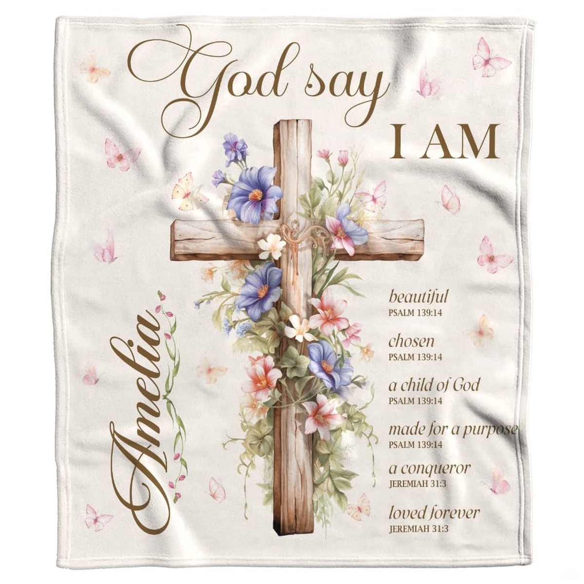 Christian faith scripture throw blanket draped across living room sofa